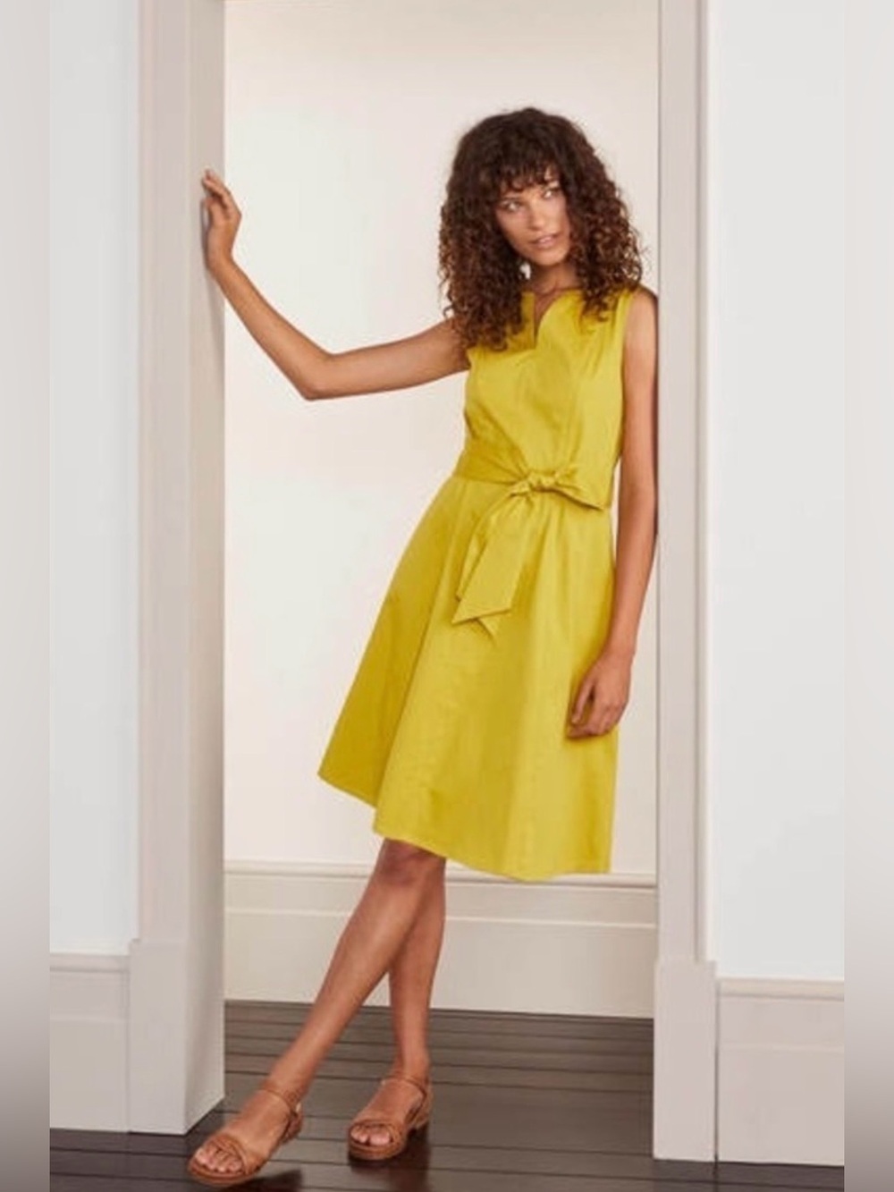 Boden Mischa Chartreuse Yellow Belted Cotton Fit Flare Dress US 8R